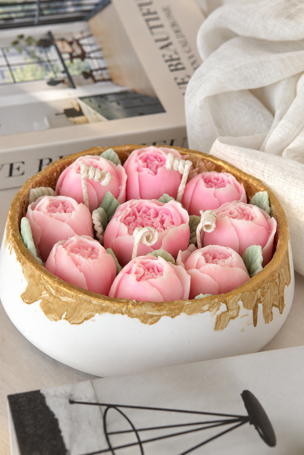 Peony Bouquet Candle in Ceramic Vase