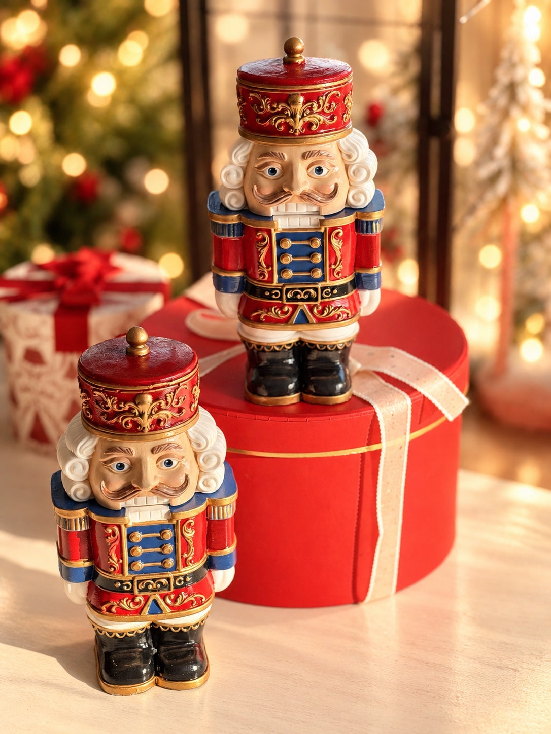 Festive red Nutcracker candle displayed with Christmas gift decor