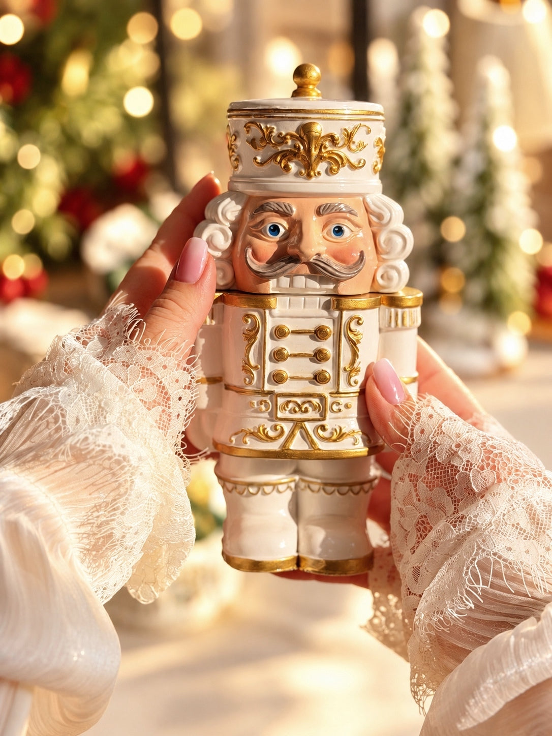 Pearl white and gold Nutcracker candle with ornate gold detailing