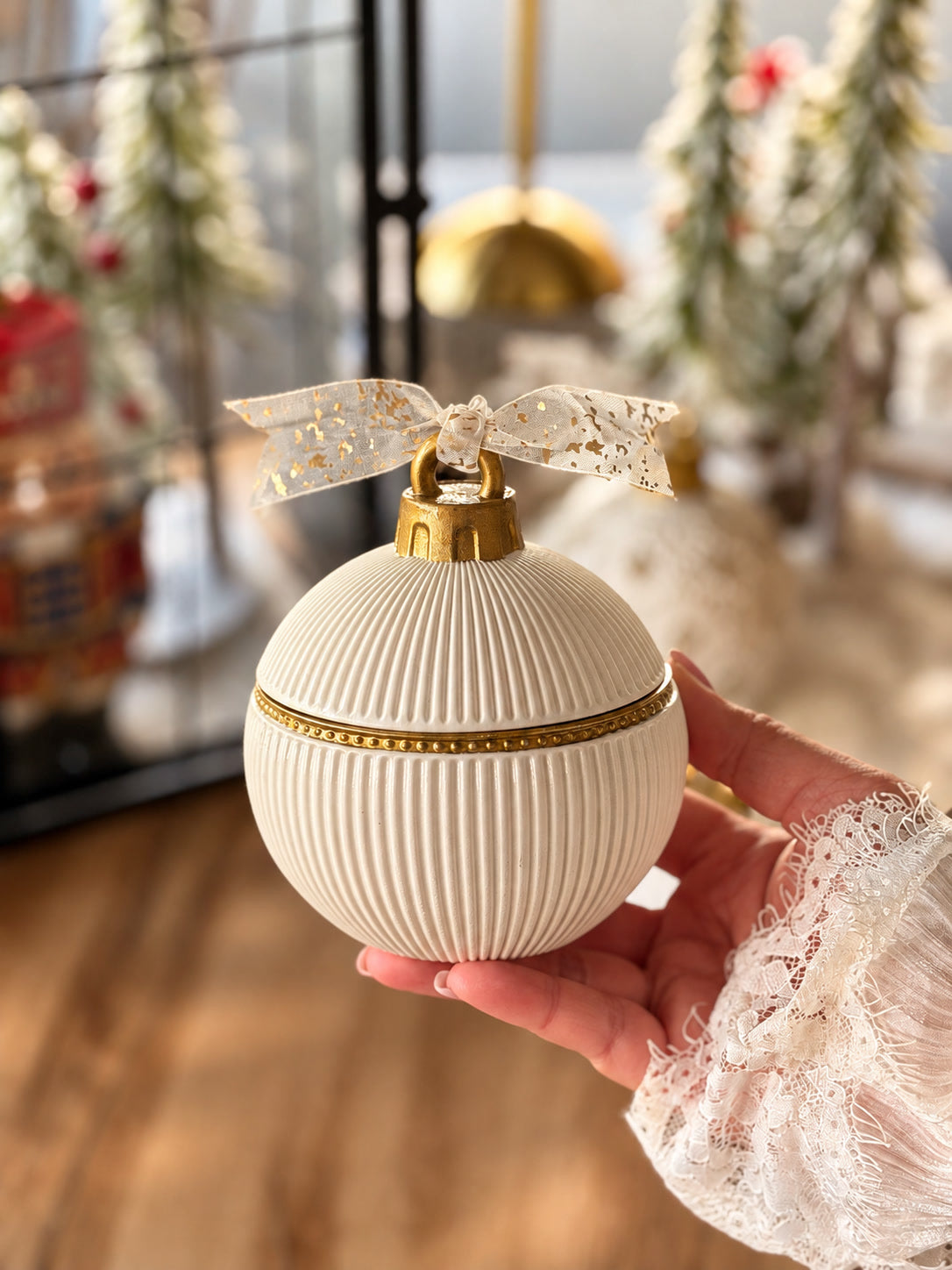North Pole candle ornament, ribbed white vessel with gold trim