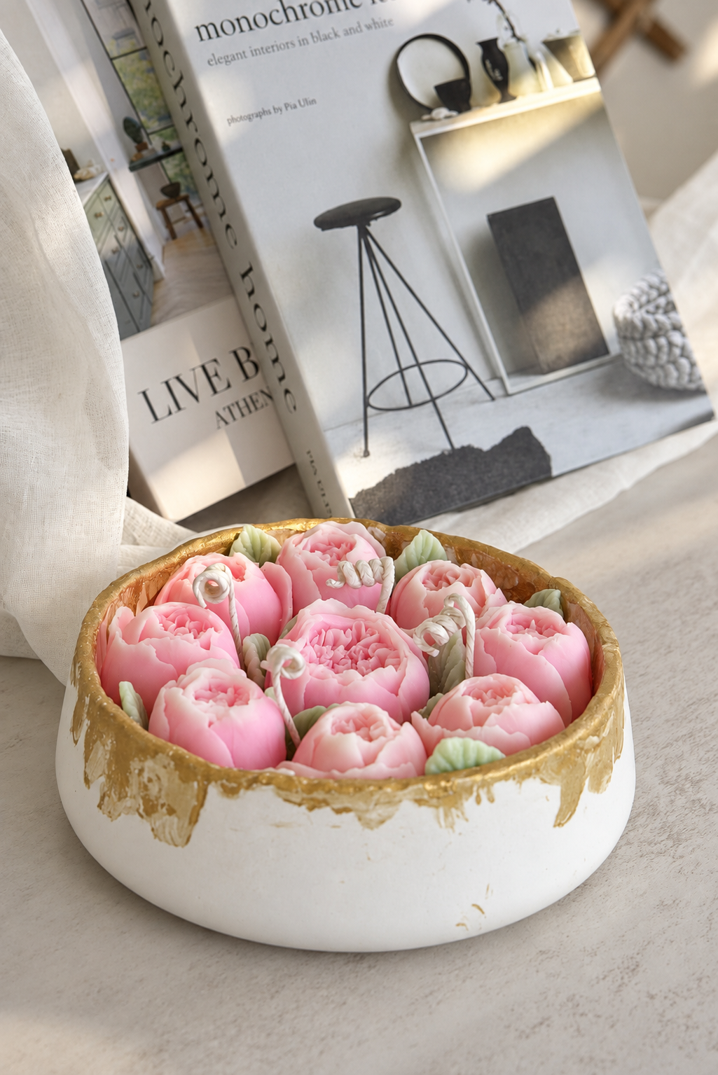 Peony Bouquet Candle in Ceramic Vase