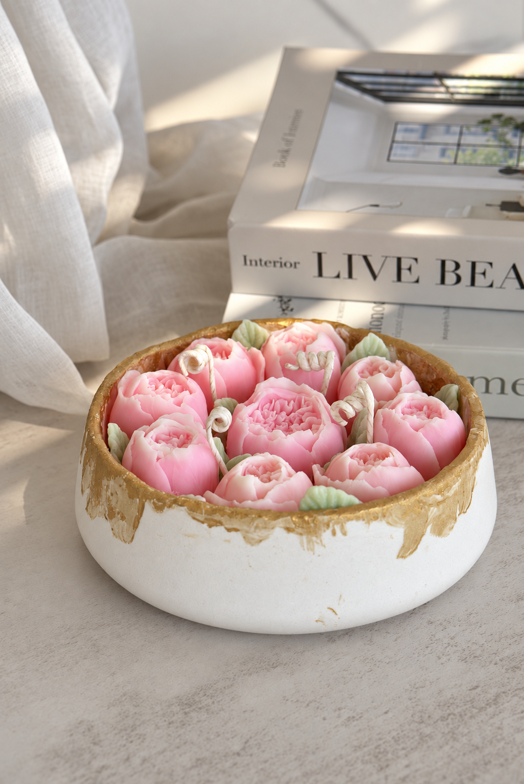 Peony Bouquet Candle in Ceramic Vase