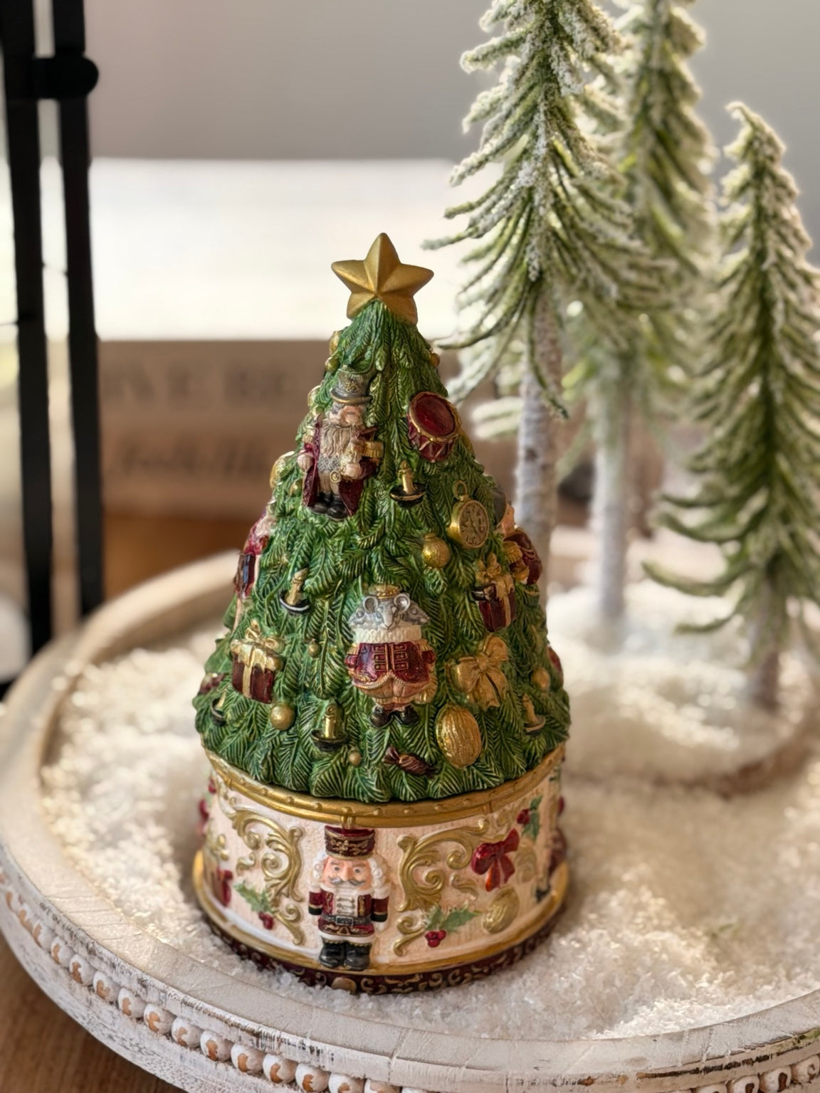 Nutcracker Christmas Tree Candle, a hand-painted Christmas tree lid with nutcracker ornaments