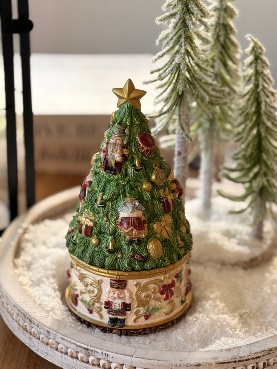 Nutcracker Christmas Tree Candle, a hand-painted Christmas tree lid with nutcracker ornaments
