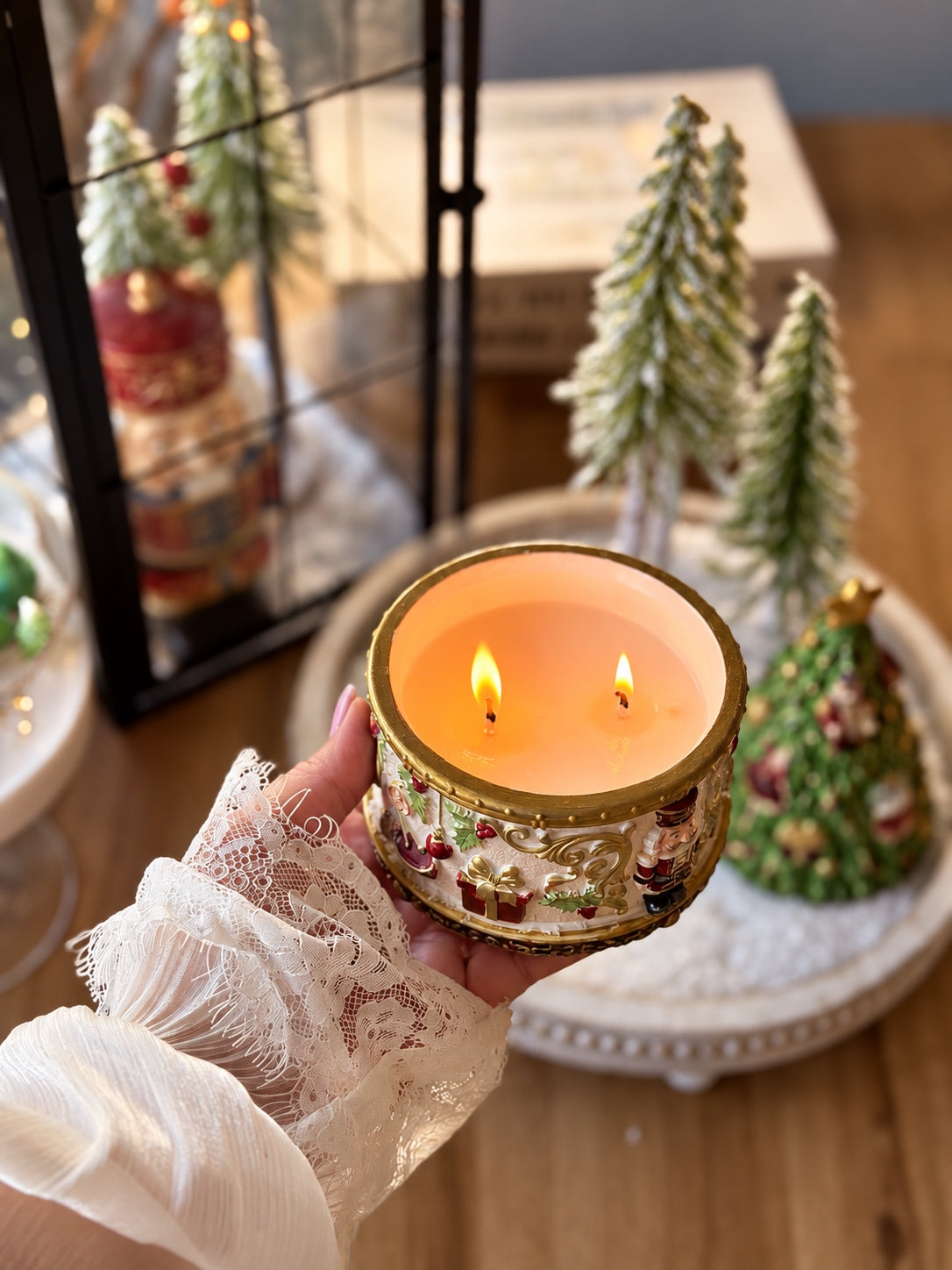Handmade Nutcracker Christmas Tree Candle displayed in a festive home setting