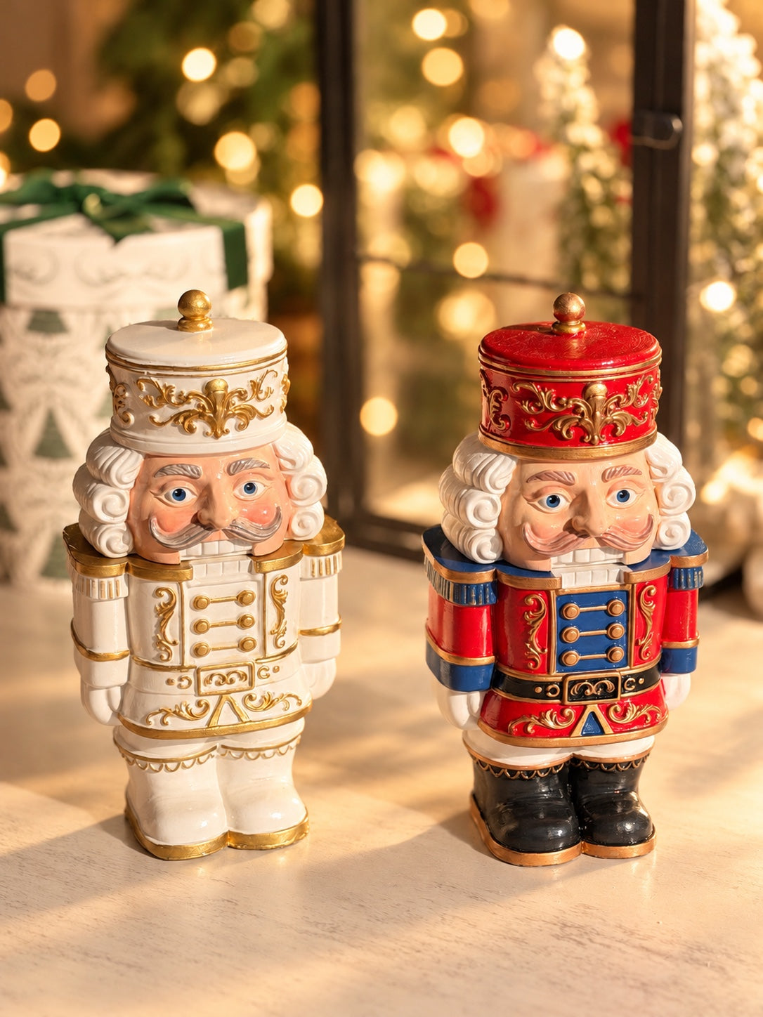 Festive red and pearl white Nutcracker candles with gold details