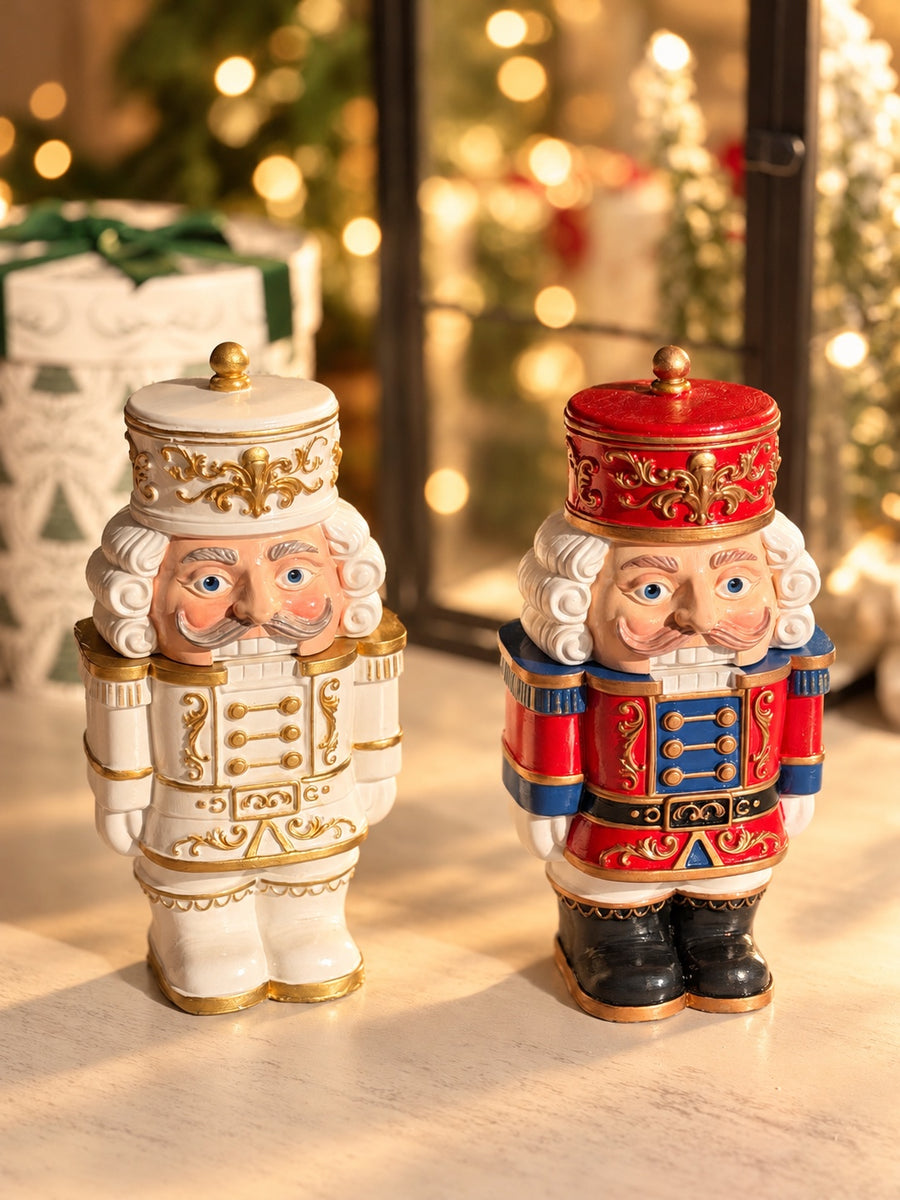 Festive red and pearl white Nutcracker candles with gold details