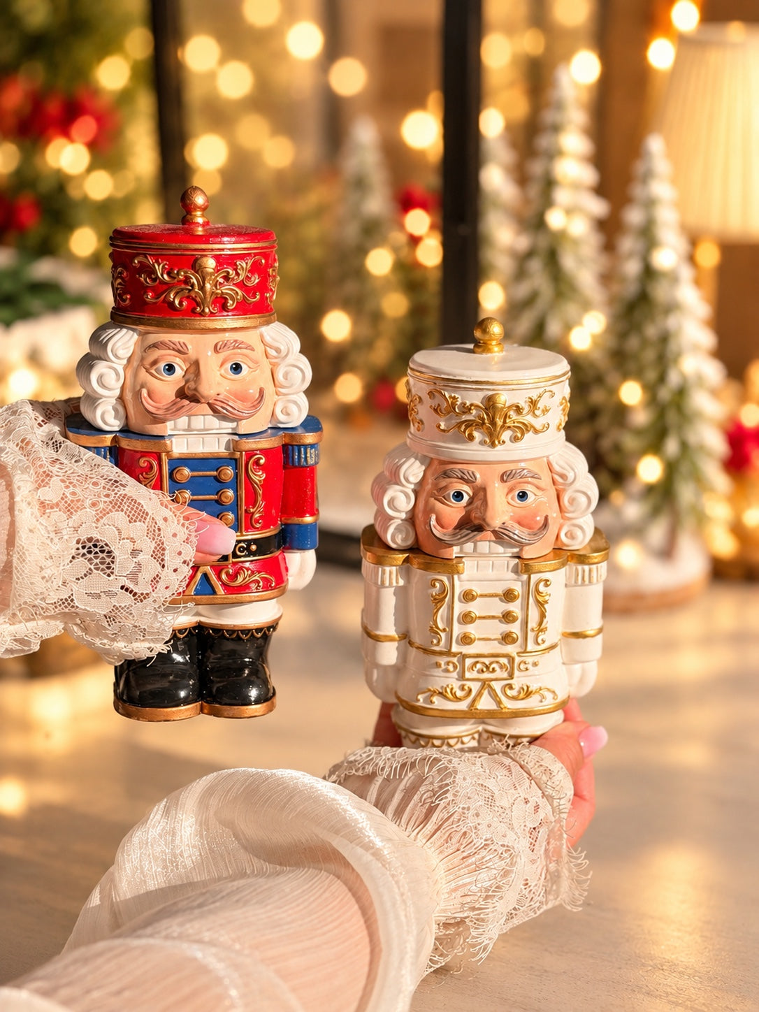 Nutcracker candles in festive red and pearl white with gold details