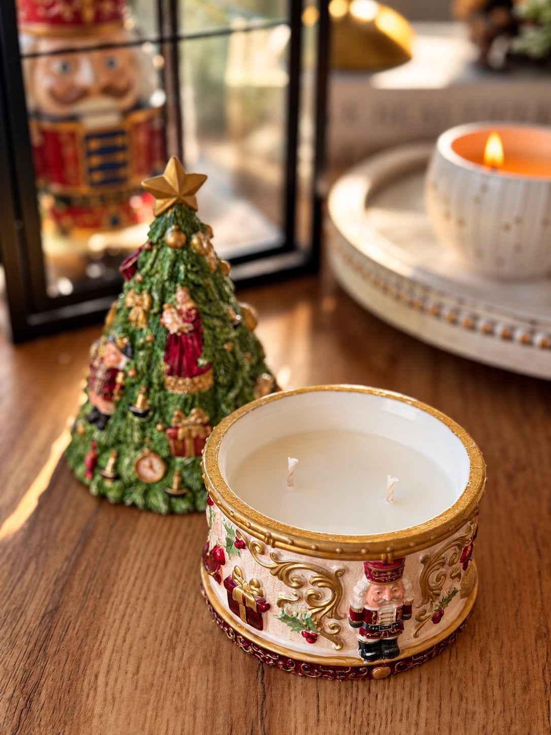 Nutcracker Christmas Tree Candle opened to show 300 g soy wax inside
