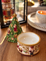 Nutcracker Christmas Tree Candle opened to show 300 g soy wax inside