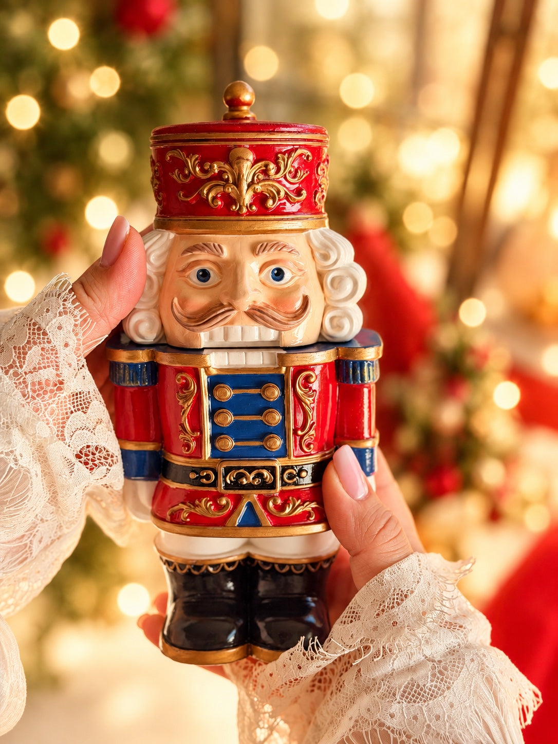 Hand-painted festive red Nutcracker candle close-up