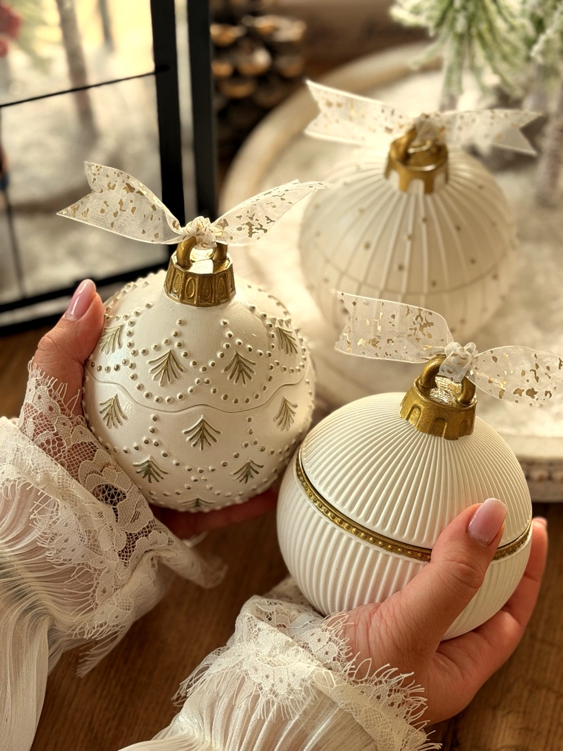 Snowy handmade Christmas tree ornament candle from the North Pole collection
