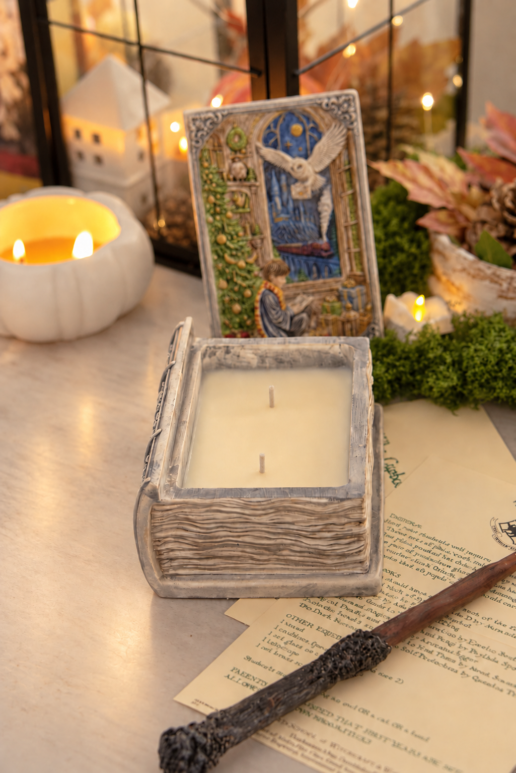 Open Enchanted Book Candle showing soy wax, cotton wicks and removable fantasy lid