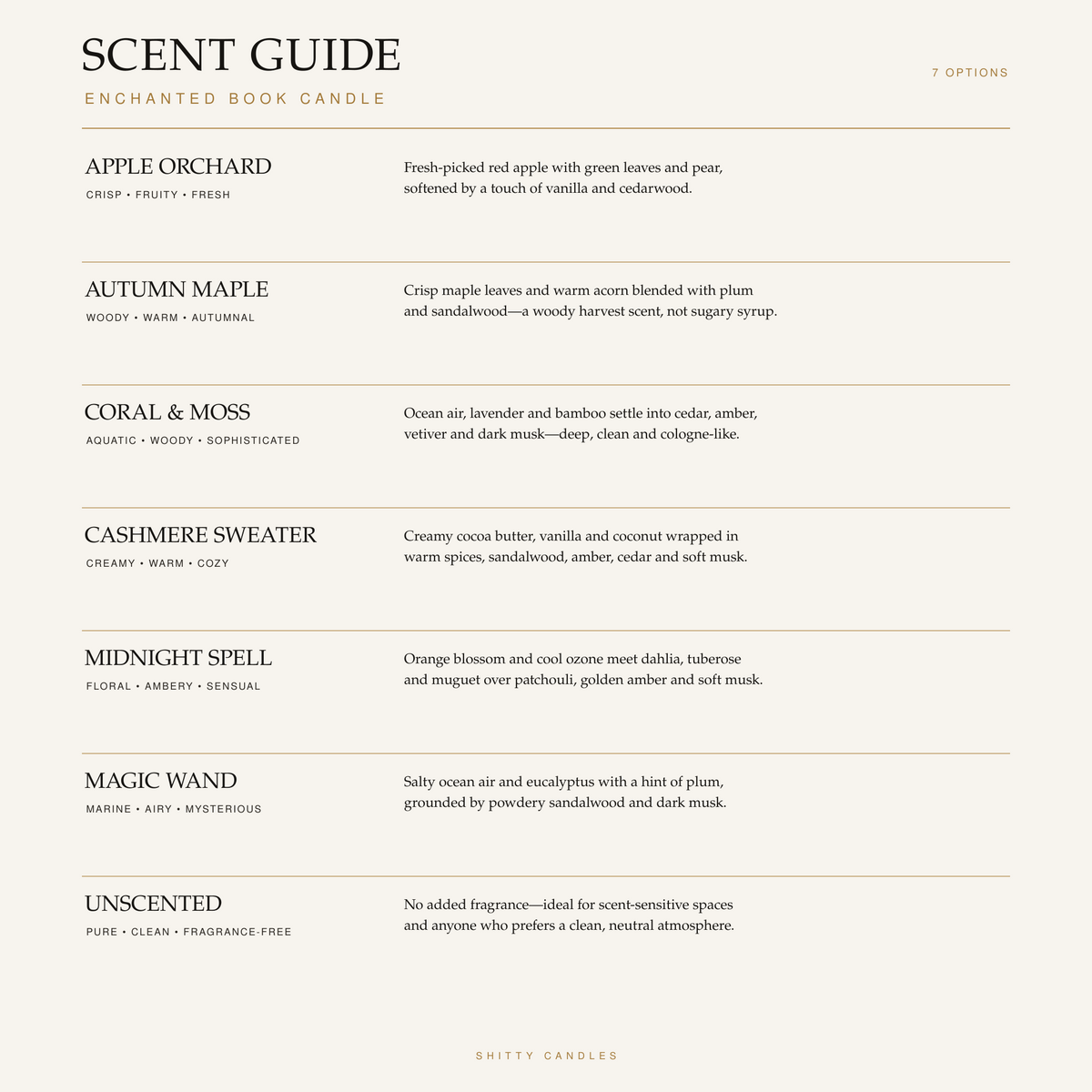 Enchanted Book Candle scent guide with seven fragrance options and scent notes