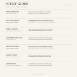 Enchanted Book Candle scent guide with seven fragrance options and scent notes