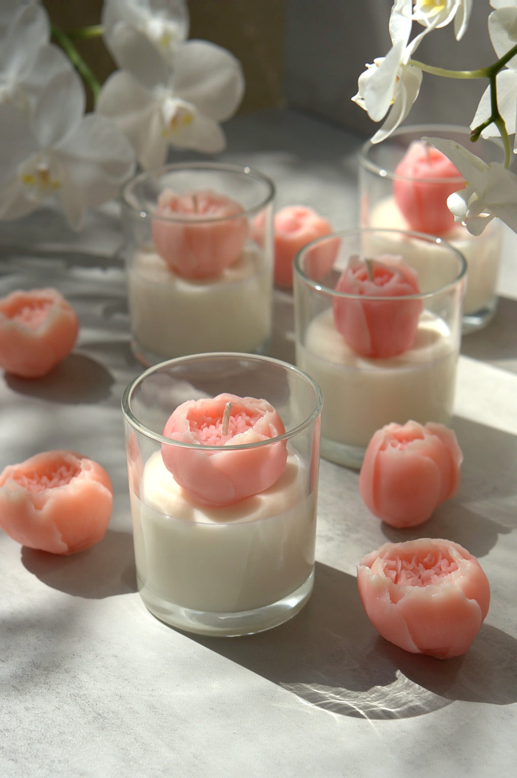 Pink 3D peony soy candles in reusable glass jars with gold detailing