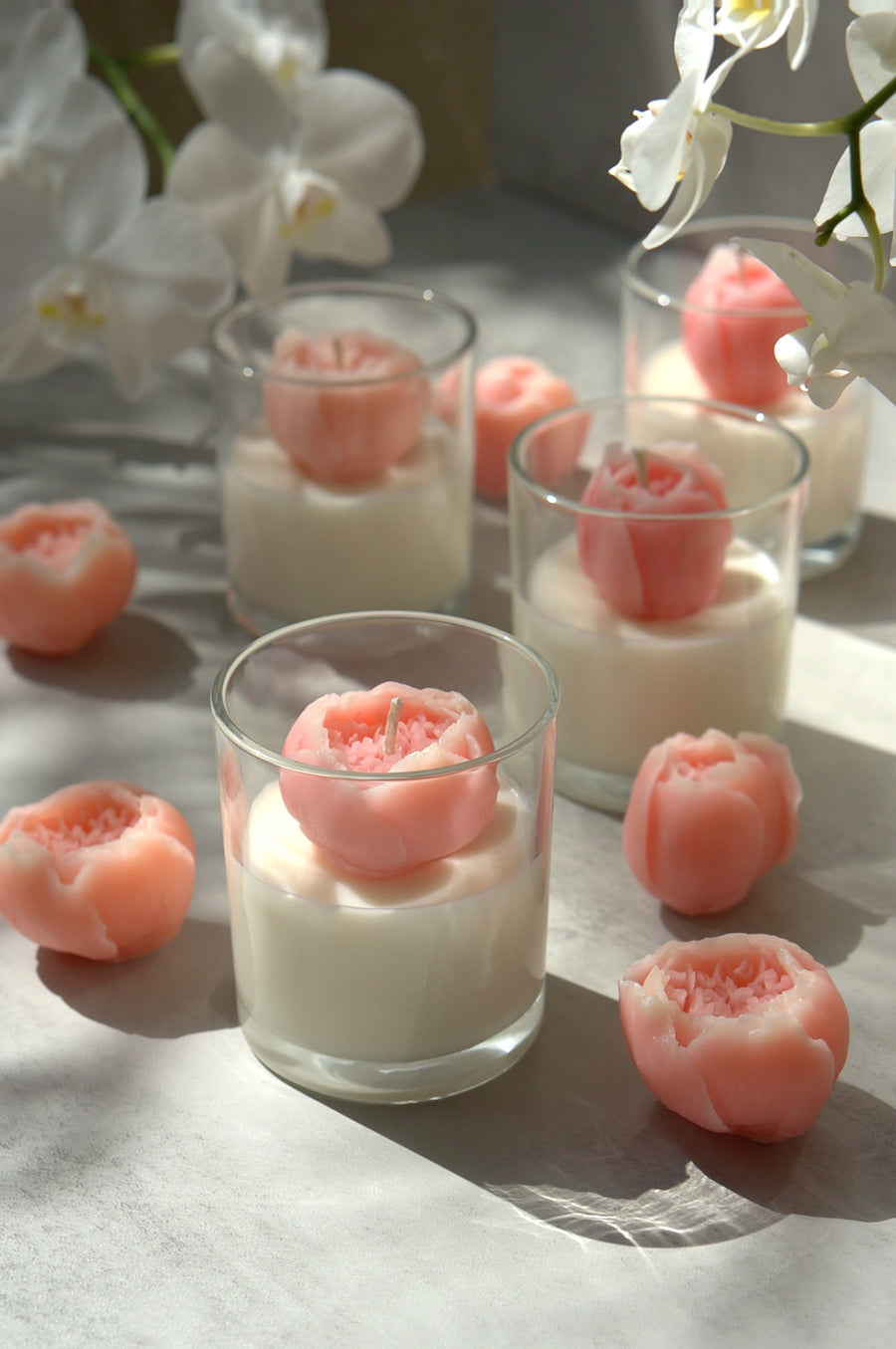 Pink 3D peony soy candles in reusable glass jars with gold detailing