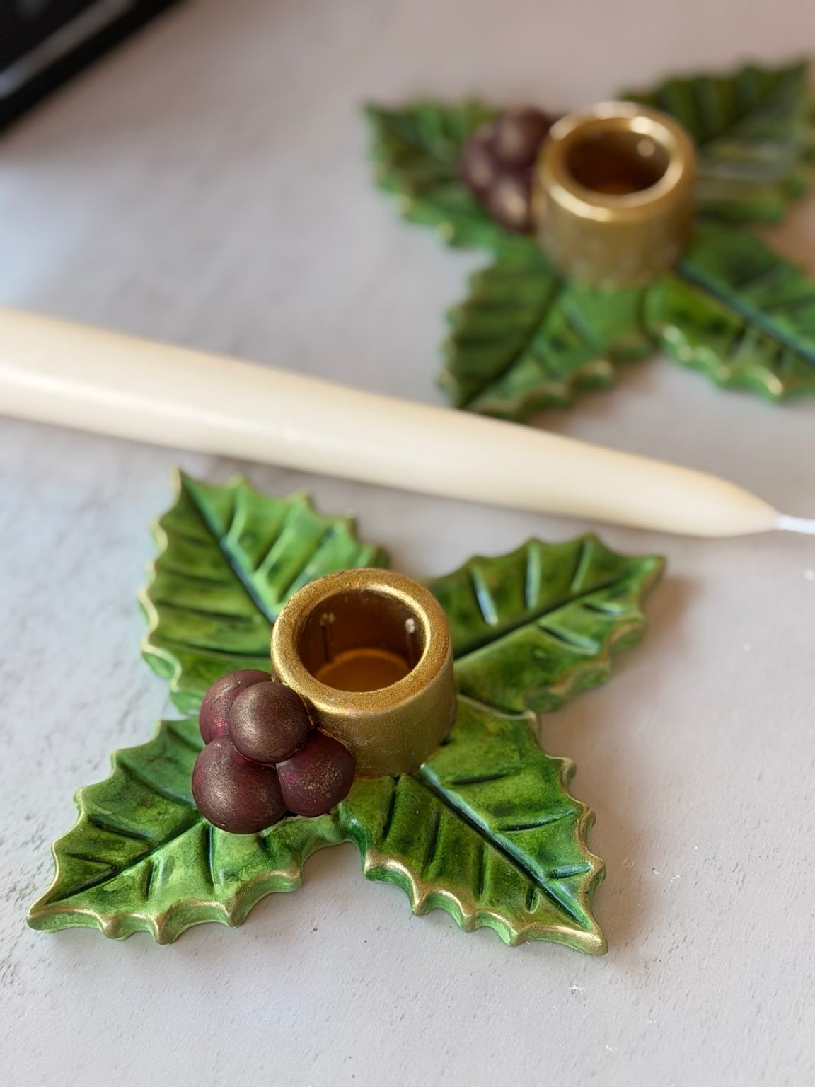 Handmade Holy Berry candle holder with green holly leaves, red berries and gold-tone taper cup