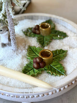 Handmade holly leaf candle holder with gold cup and berry accents