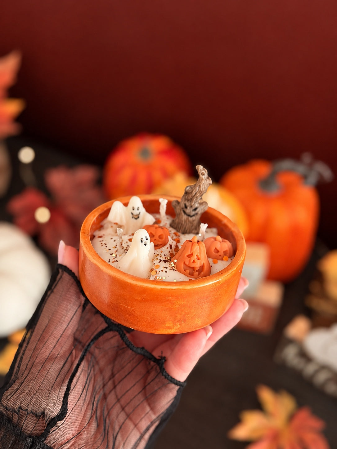 Detailed view of Spooky Candle with ghosts, pumpkins, and a spooky tree figure